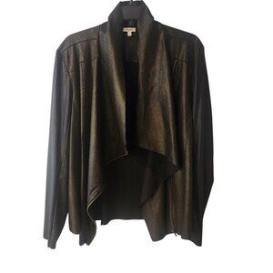 Lily Star Waterfall Draped Faux Suede Zip Jacket Black Gold Metallic Sz XXL Moto